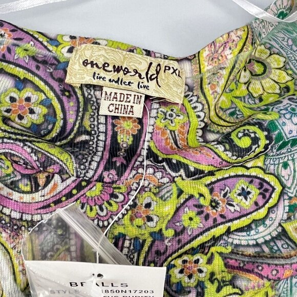 One World Womens PXL Boho Paisley  Top 3/4 Sleeve Multicolor Polyester - Picture 2 of 9